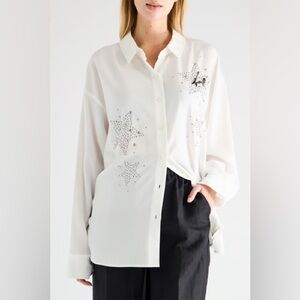 NWT Women KARL LAGERFELD Embellished Rock Stars Studs pins Collared Shirt White